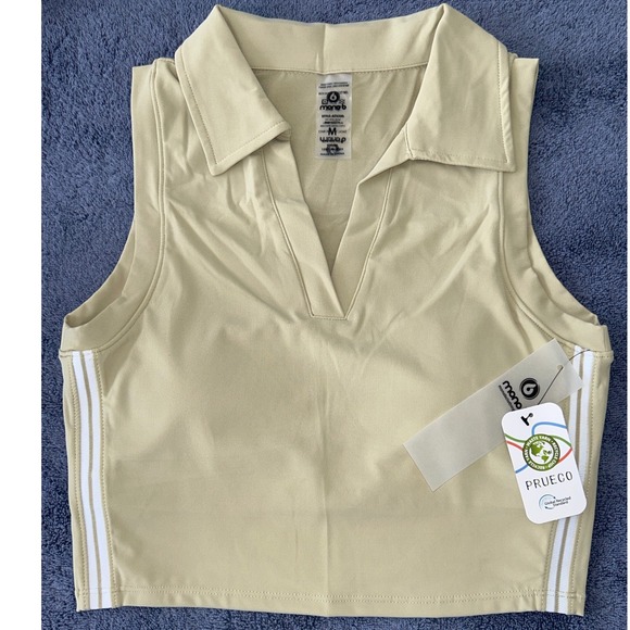 Mono B Tops - Mono B Active Crop Top Sleeveless Polo Shirt White Stripe Detail - Size M